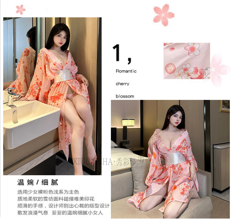 Pink Cherry Blossom Sheer Chiffon Kimono Robe, Japanese-Style Lingerie Cover-up, One Size — detail image 3