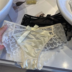 日本の蝶結びの透かし彫りのレースの下着の女性のサテンの純綿の股の通気性の純粋な欲のセクシーな低い腰の少女の三角のズボン