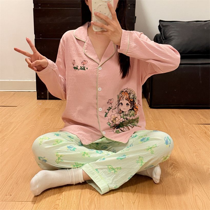 Al por mayor transfronterizo otoño nuevo engrosado cardigan de algodón nubes mangas largas pantalones largos traje de pijamas de dibujos animados casuales chicas
