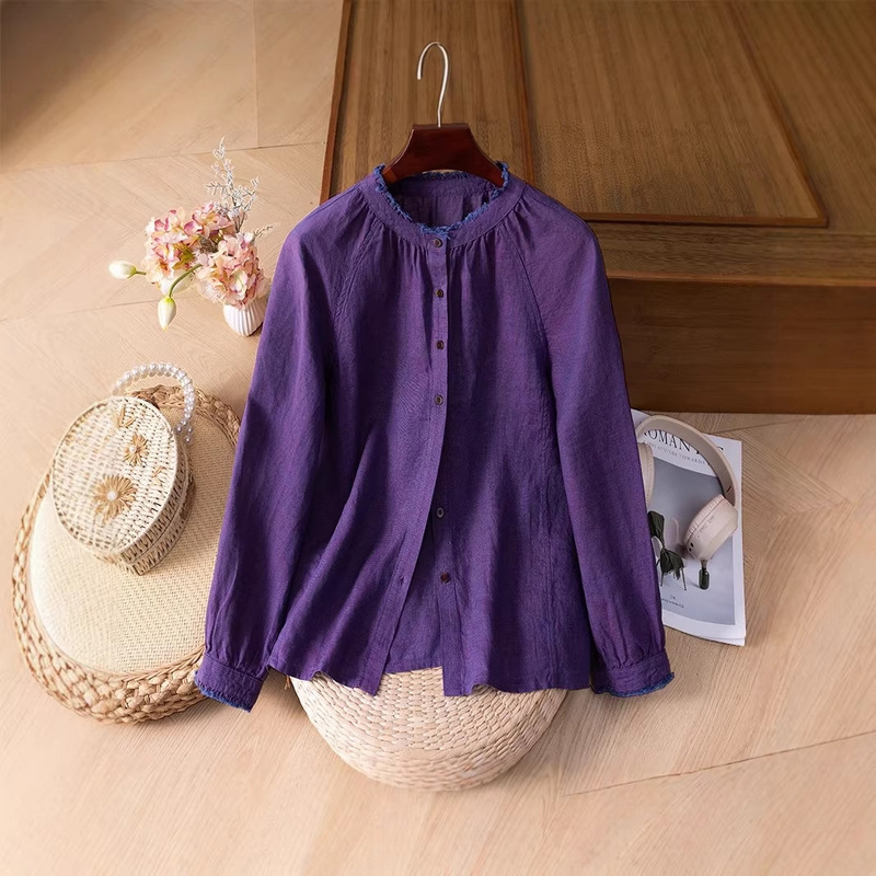 2026 New Style Hemp Long-Sleeved Shirt for Women, Artistic Retro Loose Solid Color Top, Versatile Casual Shirt