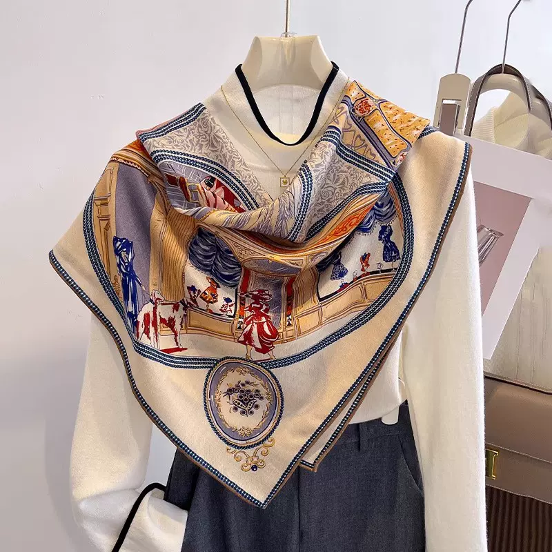 2025冬季新款保暖百搭时尚85cm真丝羊毛方巾女士高级感护颈披肩