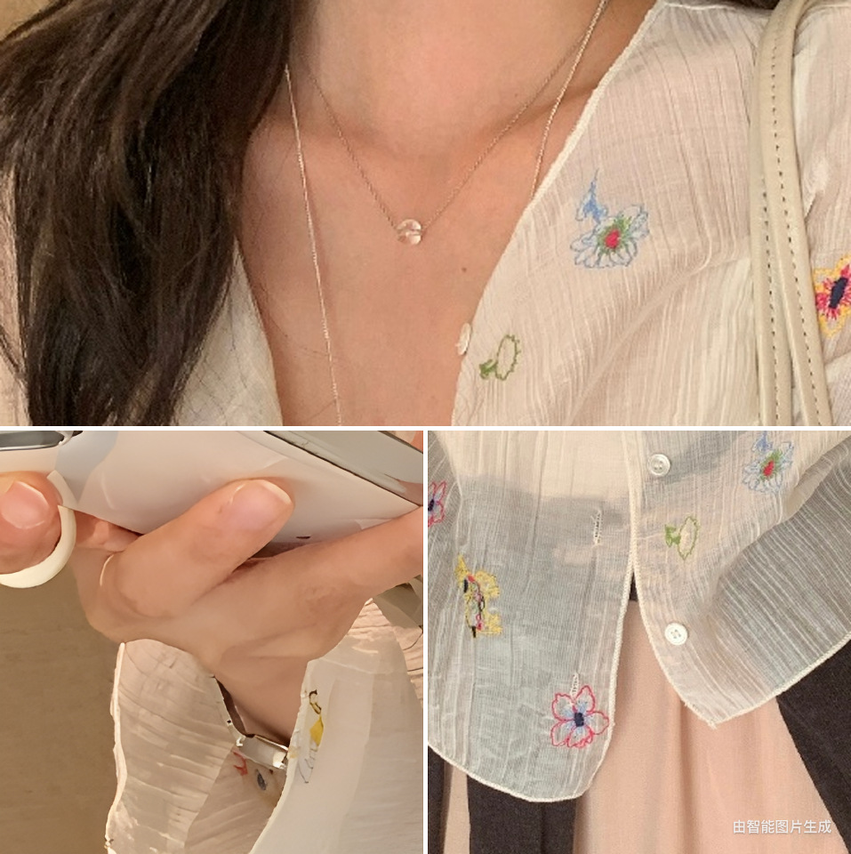 Áo sơ mi nữ tay dài thêu hoa phong cách đồng quê — trắng ngà chi tiết 9