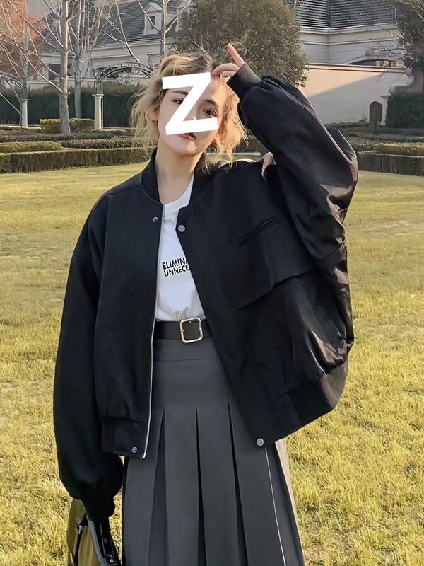 Black Short Outwear for Women 2025 Spring & Fall New Oversize Baseball Uniform Jacket Student Workwear Top