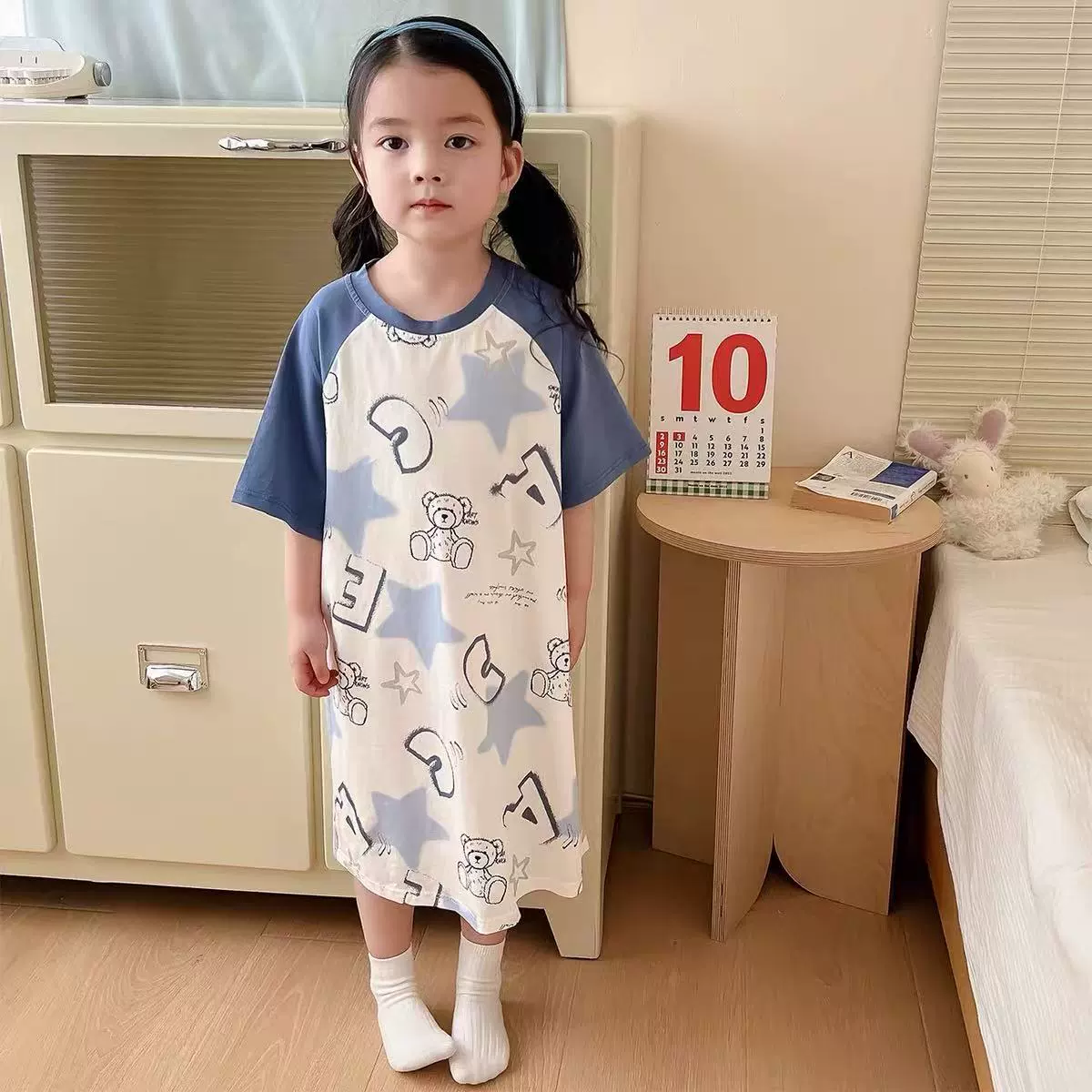 Cartoon summer children's pijama, mini-skirt, long skirt, with short sleeve, family style