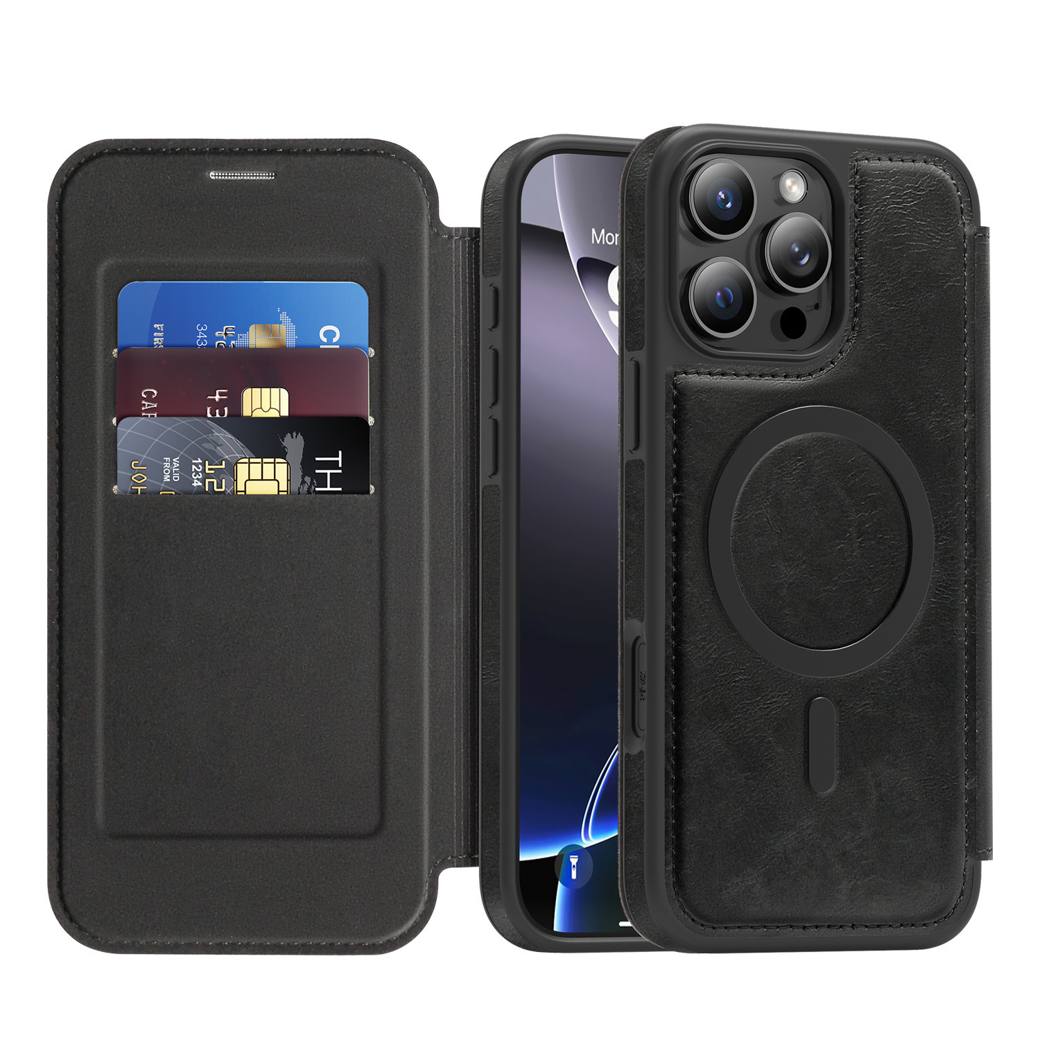 Ốp lưng da từ tính có khe đựng thẻ cho iPhone 16 Pro Max, chống sốc — Màu đen, Màu xanh ngọc, Màu cà phê, Xám vàng titan chi tiết 12