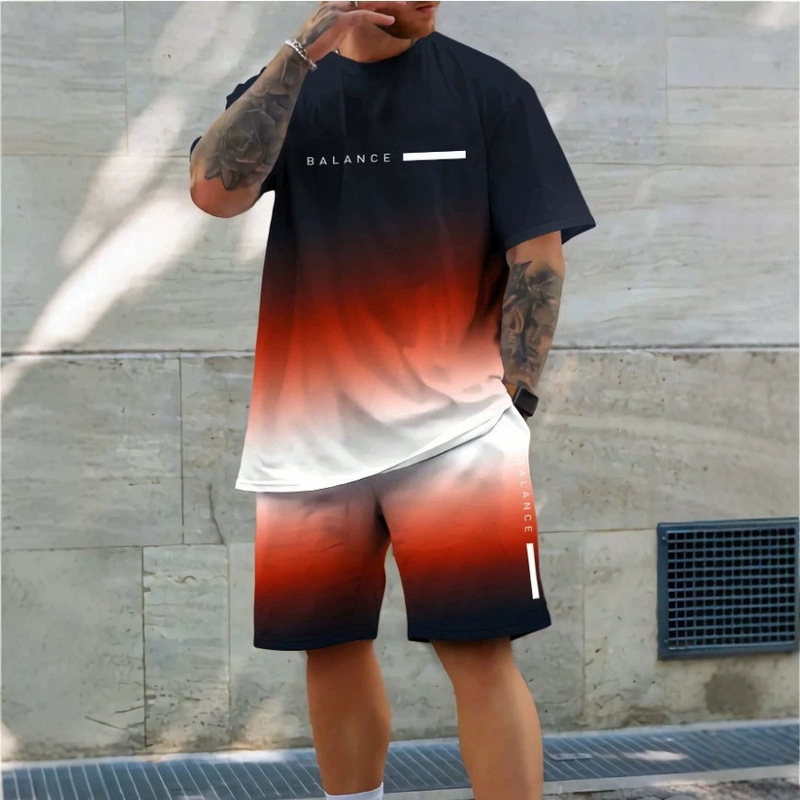 2026 New Casual Sports Short-Sleeve T-Shirt for Men, Summer New Gradient Letter Round-Neck T-Shirt and Shorts Set 2026 New Casual Sports Short-Sleeve T-Shirt for Men, Summer New Gradient Letter Round-Neck T-Shirt and Shorts Set