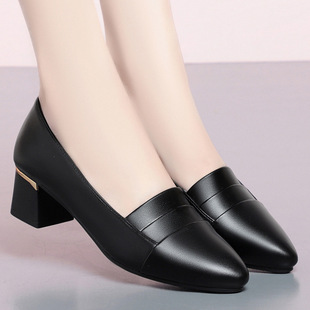2023 New Work Shoes Spring and Autumn Leather Shoes Thick Heel Soft Leather Soft Bottom Casual Women's Single-layer Shoes Moms Shoes Four Seasons