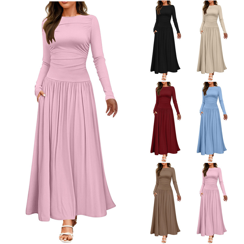 Autumn New European and American Amazon Cross-border Women's Long-sleeved Long Dress Knitted Casual Slimming Swing Pleated dress