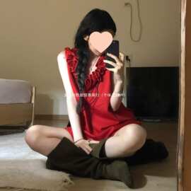 红色玫瑰花无袖连衣裙子女夏2026新款法式感气质显瘦背心短裙薄纱