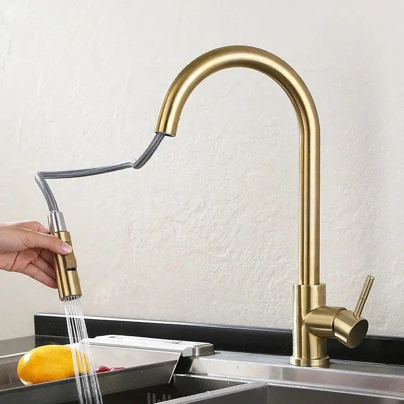 SUS304 Acero inoxidable cocina pull grifo inducción caliente y fría retráctil cepillado Oro Negro toque grifo