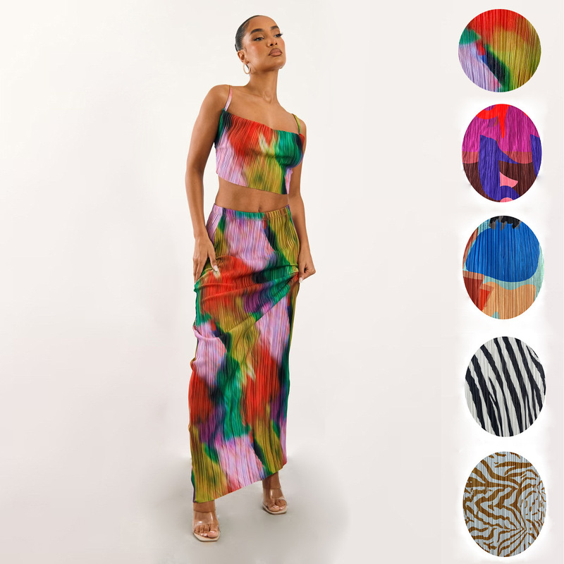 2023 Europe and the United States cross-border Amazon explosions printed pleated two-piece set of suspenders women's top slim dress 025 2023 Europe and the United States cross-border Amazon explosions printed pleated two-piece set of suspenders women's top slim dress 025