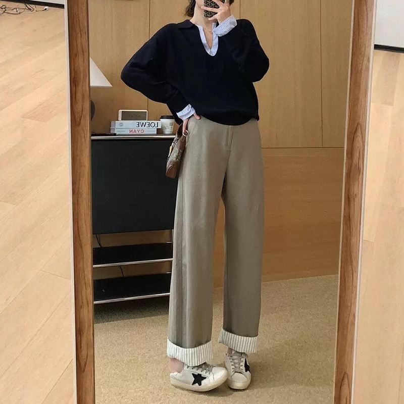 松弛感时髦撞色假两件拼接针织衫毛衣女秋冬季设计感宽松V领上衣|undefined