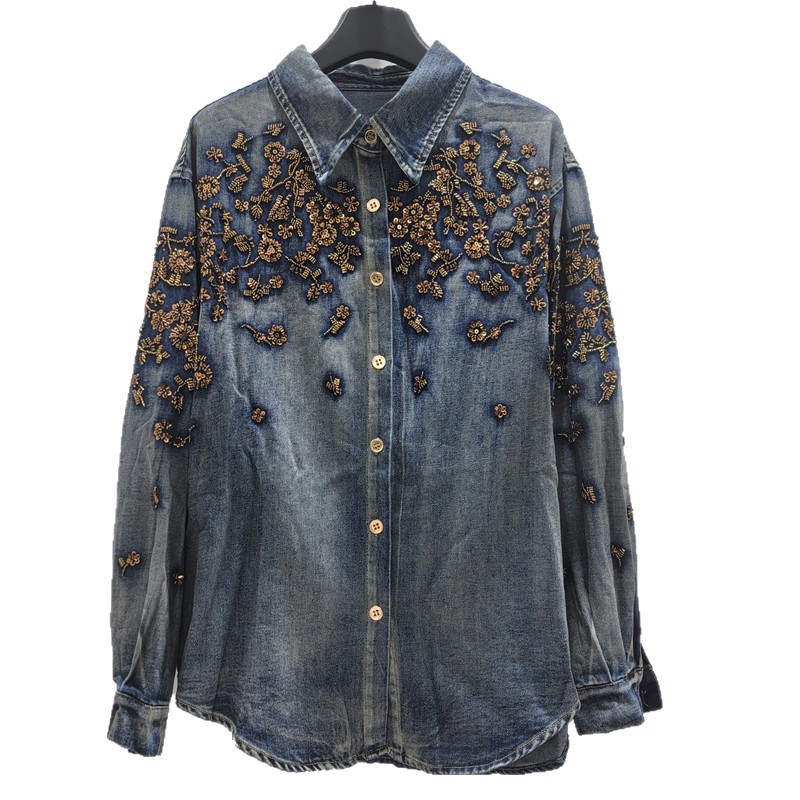 Camisa Vaquera Bordada de Solapa de Mezclilla y Poliéster, Cuello de Solapa, Manga Larga, Empalme