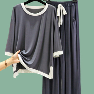 Modal Women's Pajamas Summer and Autumn Large Size Loose Round Neck Home Clothes Thin Color Matching Can Be Worn Outside Three-Quarter Sleeve Suit