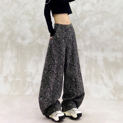 黑色印花设计休闲牛仔弯刀裤女秋新款高腰宽松显瘦百搭直筒香蕉裤