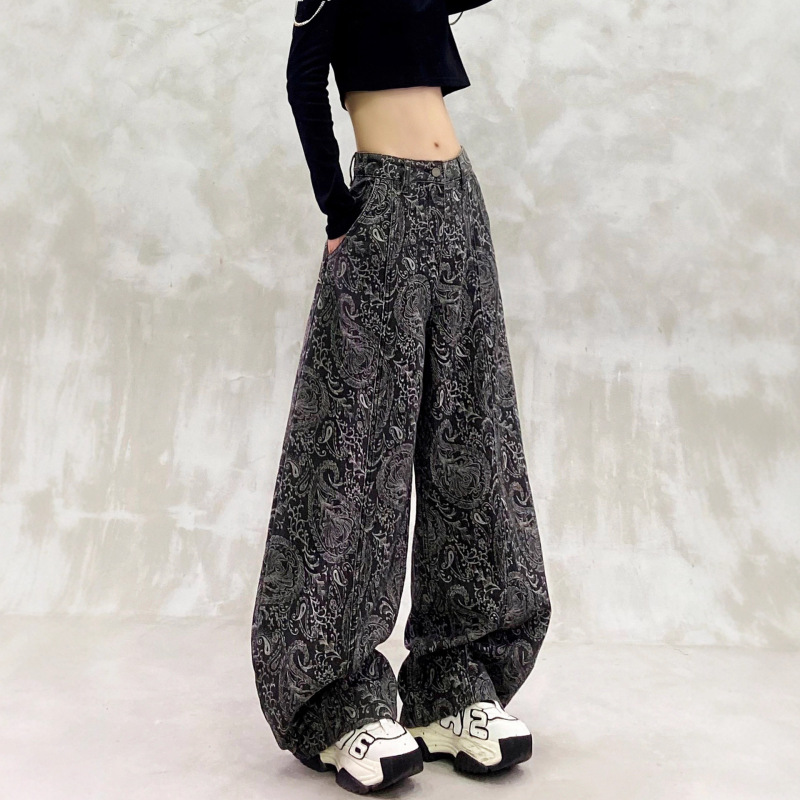 黑色印花设计休闲牛仔弯刀裤女秋新款高腰宽松显瘦百搭直筒香蕉裤|undefined
