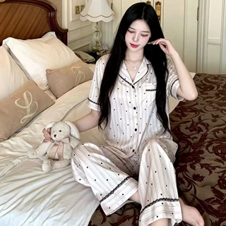 2026新款冰丝睡衣女夏季短袖长裤套装翻领条纹波点家居服可外穿高