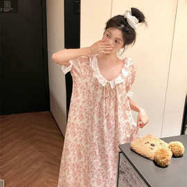 甜美碎花可外穿睡裙2026夏季花边娃娃领宽松休闲女公主风家居服女