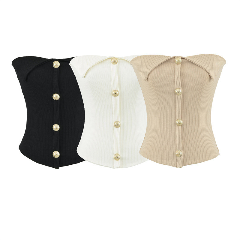 Purely alluring style, cuffed metal buckle strapless top for women, summer elegant and sophisticated, slim-fit, unique off-shoulder base tank top Purely alluring style, cuffed metal buckle strapless top for women, summer elegant and sophisticated, slim-fit, unique off-shoulder base tank top