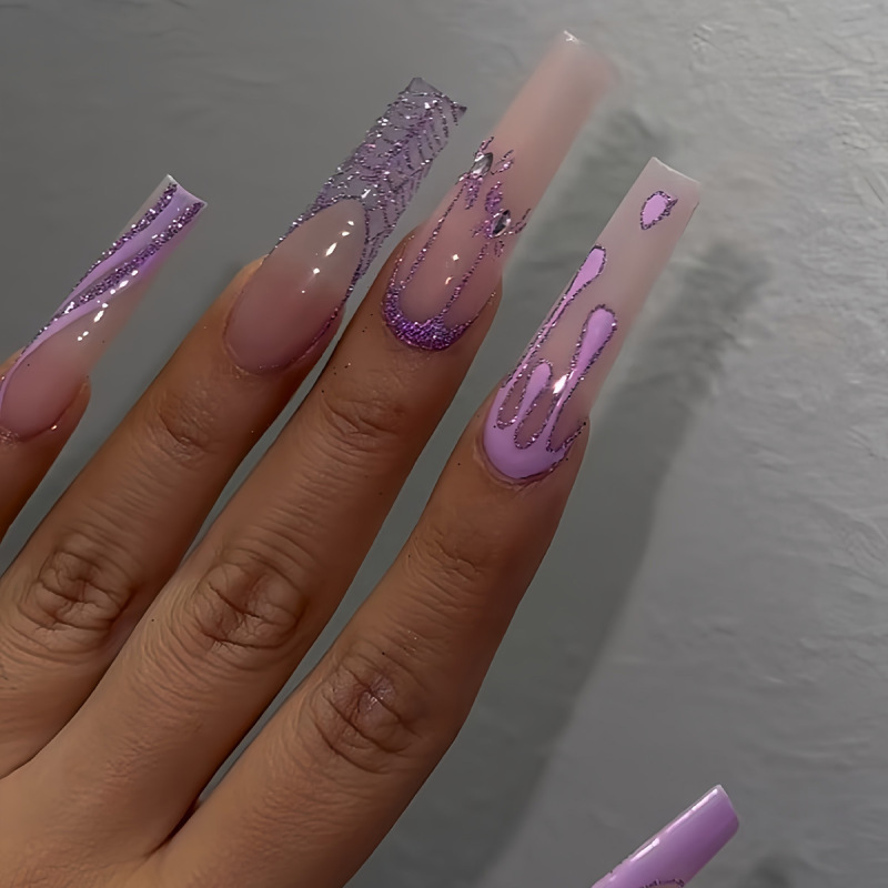 Cross-Border Best-Selling Halloween Nail Set with Purple Pumpkin, Spider Web, and Blood-Stained Design, a Must-Have for Parties to Create a Unique Look