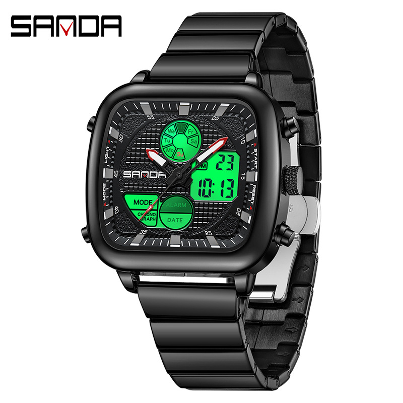 SANDA SANDA 9101 reloj de despertador impermeable para hombres reloj de pulsera clásico de acero cuadrado multifuncional luz nocturna reloj electrónico para hombres
