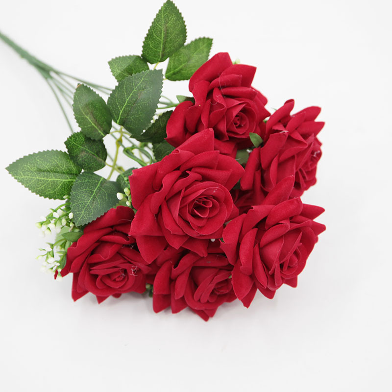 Flor de rosa simulada 7 mandos de franela rosa roja decoración del hogar decoración de la boda decoración transfronteriza flor falsa al por mayor