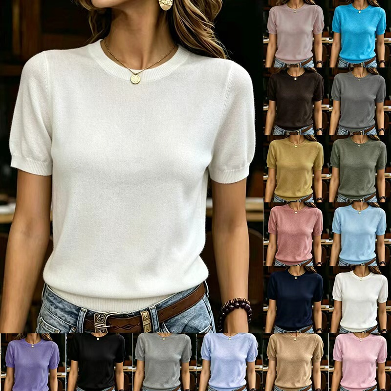 Cross-border new French-style minimalist round-neck puff-sleeve knit top for women, summer new solid-color loose-fit pullover Cross-border new French-style minimalist round-neck puff-sleeve knit top for women, summer new solid-color loose-fit pullover