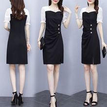 新款连衣裙女夏季修身型雪纺拼接黑色显瘦小个子气质短袖裙子