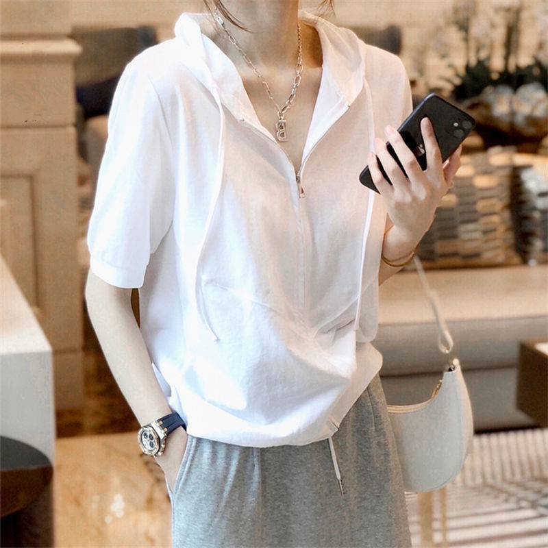 European and American loose quick-drying sports T-shirt women's hooded zipper sunscreen clothing running fitness short sleeve top women's wholesale fashion