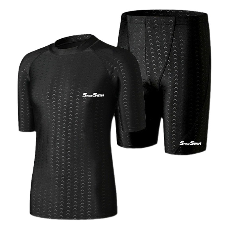 Men's Imitation Sharkskin Polyester Swimsuit, Swimming Trunks, Quick-Drying, Anti-Embarrassment, Loose Large Size Swimming Equipment Set