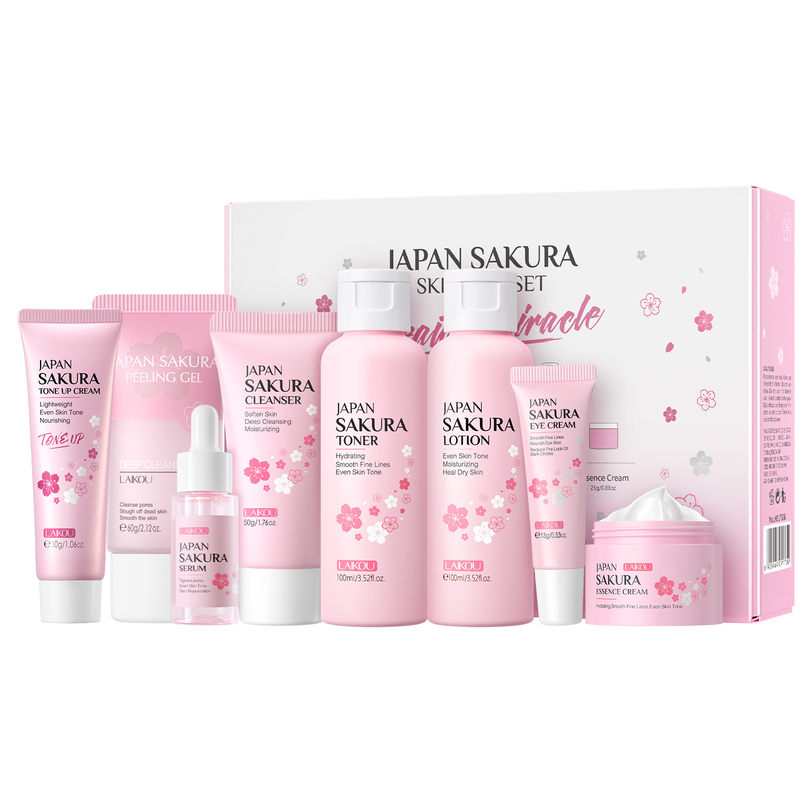 Conjunto combinado de leche de caracol y flor de cerezo LAIKOU transfronterizo, varios conjuntos, kit de productos para el cuidado de la piel de combinación libre.