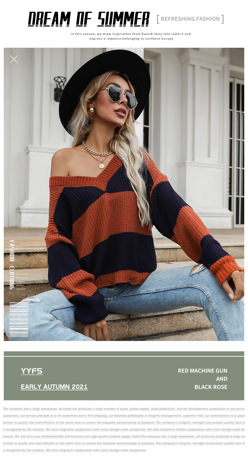 spring and autumn women s v-neck knitting stripes pullover sweater nihaostyles wholesale clothing NSDMB80628