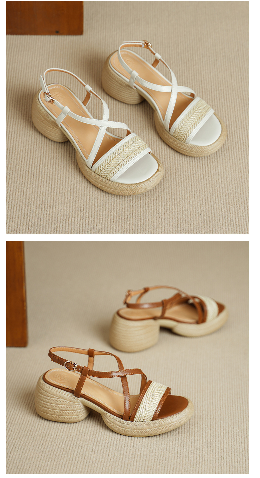 Sandal cao gót nữ mũi hở quai chéo khóa ngang gót dày — Màu nâu nhạt chi tiết 12