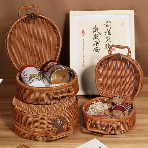 Handbag-shaped round travel suitcase, gift set for tea mooncakes, creative and unique storage box, retro woven rattan box.