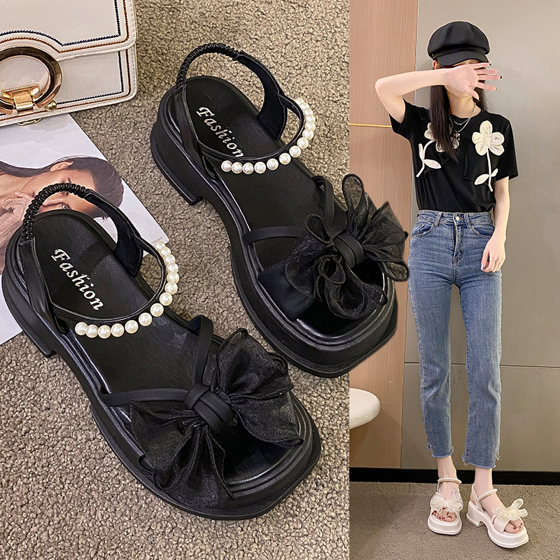 Thick-Soled Pearl Sandals for Women 2026 New Summer Bow Fairy Style One-Strap Fashionable Open-Toe Roman Women's Shoes Thick-Soled Pearl Sandals for Women 2026 New Summer Bow Fairy Style One-Strap Fashionable Open-Toe Roman Women's Shoes