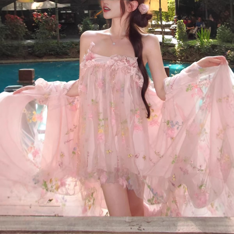 Glazed Floral Summer Dress: Versatile Floral Embroidery Airy Bud Skirt Dress for Women
