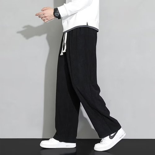 Men's Corduroy Pants for Spring and Autumn, Streetwear Loose and Flowy Straight Leg Sweatpants with Fleece, Wide Leg Sporty Casual Long Pants