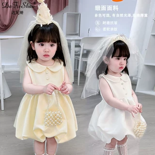 2025新款女宝宝周岁礼服裙奶黄娃娃领公主裙夏季生日抓周花童连衣