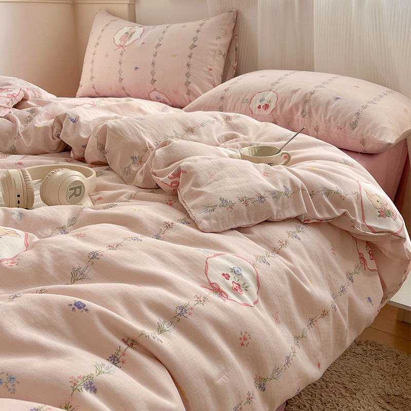 Cama de algodón de hilo de doble capa de cuatro piezas 100 algodón 2025 nuevo estilo funda de edredón sábana ropa de cama individual de tres piezas