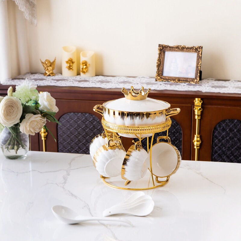 Golden Stripe Crown Soup Pot suit Phnom Penh Iron Frame Ceramic Household Tableware Ceramic Soup Pot