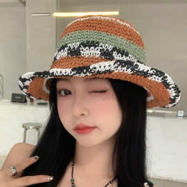日系复古手工钩针草编渔夫帽女夏季沙滩出游遮阳防晒草帽太阳帽子