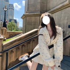 碎花杏色甜美复古连帽卫衣春秋韩系休闲拉链宽松校园慵懒开衫外套