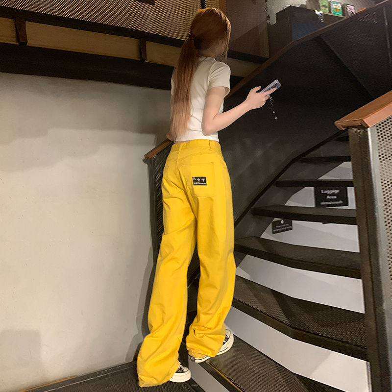 아메리칸 스타일 포켓 자수 라벨 넓은 다리 바지 여성용 여름 스파이스 걸스 하이 스트리트 좁은 스트레이트 청바지 느슨한 툴링 바지