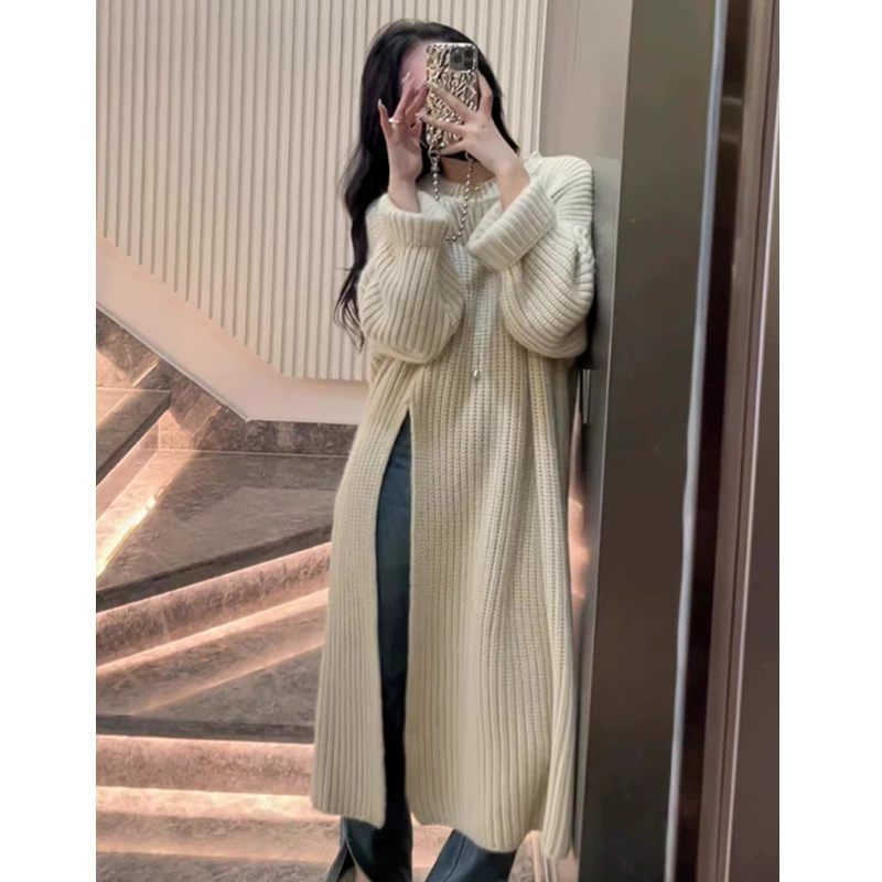 Осеннее длинное вязаноe шерстяное платье, oversize, средняя длина