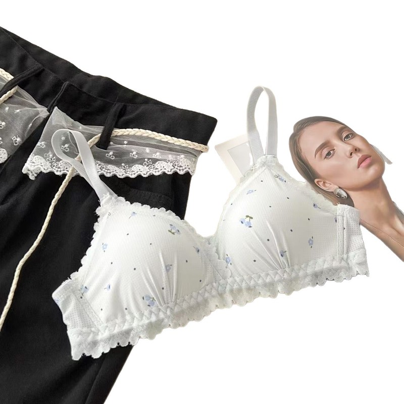 甘いチェリーレースの女性用下着、夏用の薄い小さな胸のプッシュアップ、たるみ防止、通気性と快適なノンワイヤーブラジャー|undefined