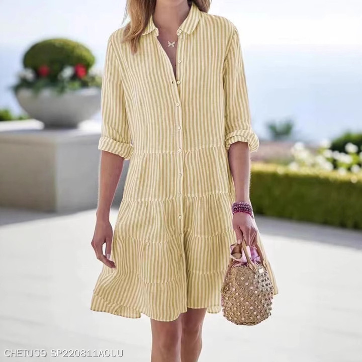 Women's Clothing Long Sleeved Striped Shirt Dress Autumn American Style Thin Summer Dress Suitable_ecoleips.com