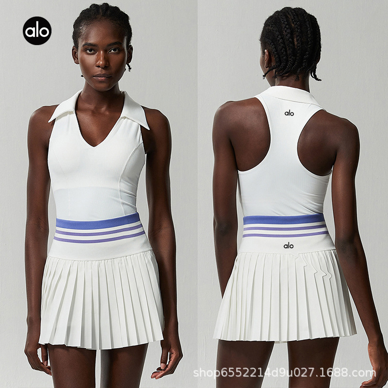 Alo Cross-Border Sports Fitness Tennis Skirt Set for Women, Anti-Exposure, Quick-Dry, with Chest Pads, V-Neck Yoga Outfit Two-Piece Set