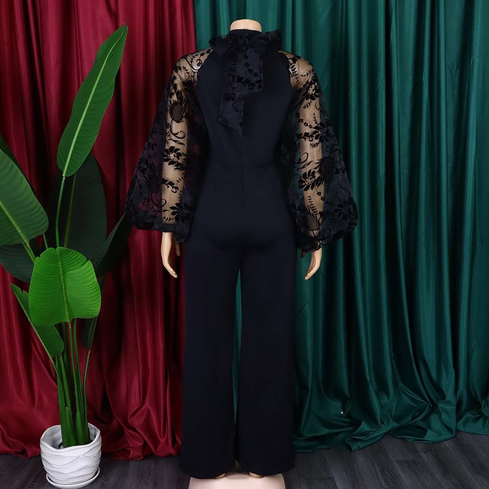 Ropa de mujer transfronteriza europea y americana más tamaño primavera nueva moda elegante malla ol puff manga pierna ancha Comercio exterior mono
