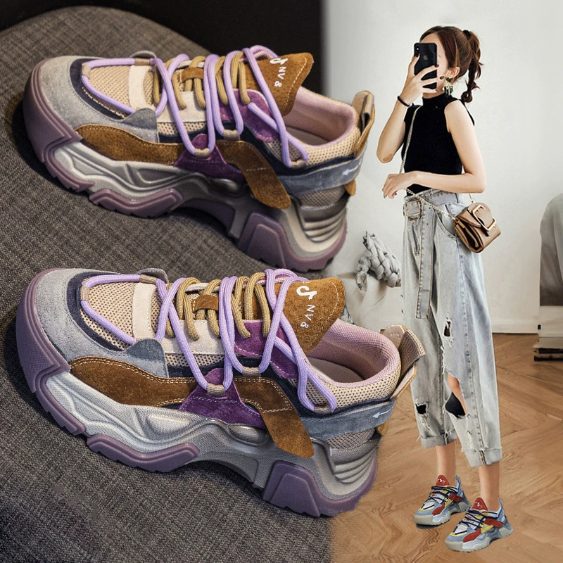 Кроссовки для папы из натуральной кожи на толстой подошве с грязным видом, весенне-осенние новые модные спортивные повседневные женские туфли с цветной сеткой 2023 года.