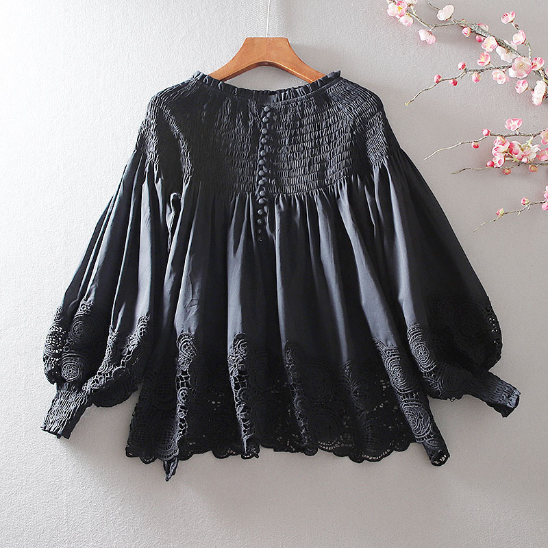 European Station Fashion Elegant Lace Stitching High-end Sense Off-shoulder Lantern Sleeve Ruffled Shirt Blouse